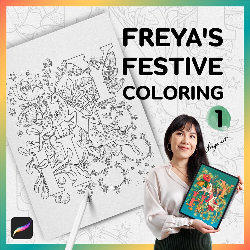 Puede incluir: Una p&aacute;gina para colorear en blanco y negro con un "Happy" estilizado con detalles florales, estrellas y dos ciervos. La p&aacute;gina se titula "FREYA'S FESTIVE COLORING 1" con el nombre del artista "freya art" debajo.