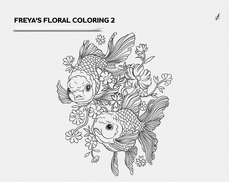 May include: A black and white line drawing of two goldfish swimming among flowers. The goldfish are detailed with scales and fins. The flowers are stylized and have a delicate appearance.