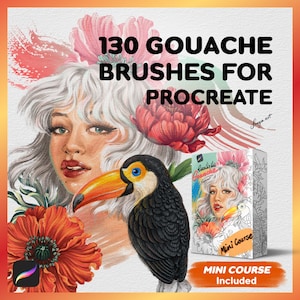 Digital Brush Pack, 130 Gouache Brushes for Procreate with Mini-Procreate Tutorial Course Included