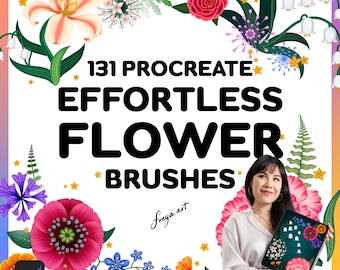 May include: A digital illustration of 131 Procreate Effortless Flower Brushes. The image features a variety of colorful flowers, including lilies, roses, and daisies, arranged around the text. The text is in bold, black font. A woman is holding a tablet with a floral design on the screen.