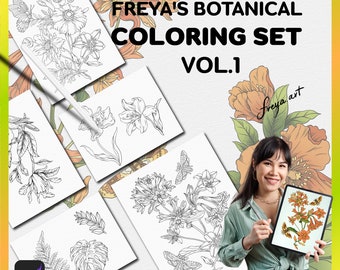 Freya's Botanical Coloring Sheets Set Vol. 1, Floral and Butterflies Procreate Coloring Pages, Coloring Page Flower