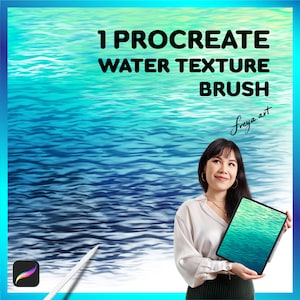 May include: A digital illustration of a blue water texture brush for Procreate. The brush is shown on a tablet screen held by a person. The text "1 Procreate Water Texture Brush" is displayed above the tablet.