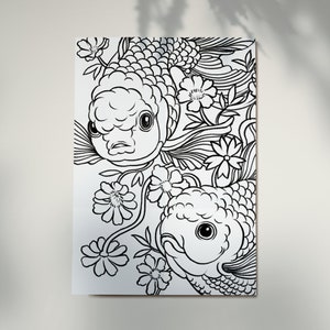 May include: Black and white line art illustration of two goldfish swimming among stylized flowers and leaves. The goldfish are facing the viewer with their mouths open.