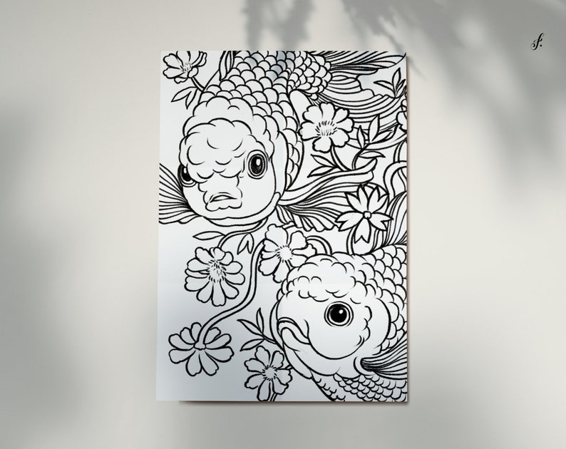 May include: Black and white line art illustration of two goldfish swimming among stylized flowers and leaves. The goldfish are facing the viewer with their mouths open.