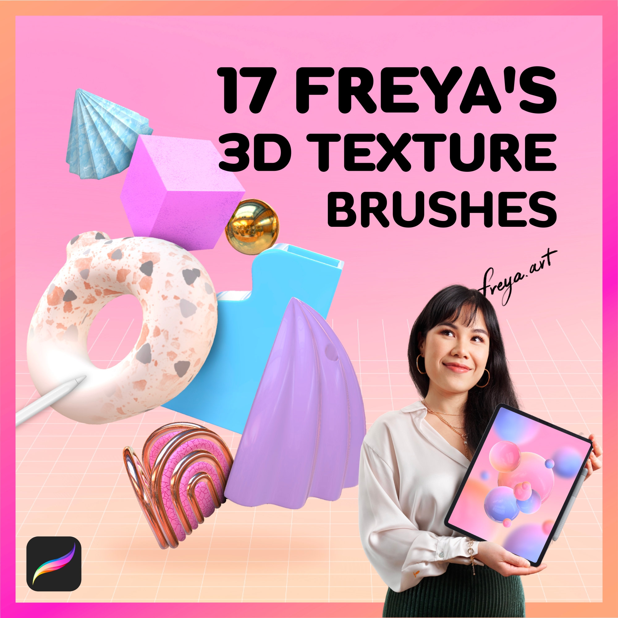 Textured Digital Brush Pack, Procreate 3D Drawing Set, 17 Freya's 3D Texture Brushes