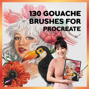 May include: Digital art product for Procreate featuring 130 gouache brushes. The image includes a woman holding a tablet displaying the artwork, a toucan, and floral illustrations. The text reads "130 Gouache Brushes for Procreate".