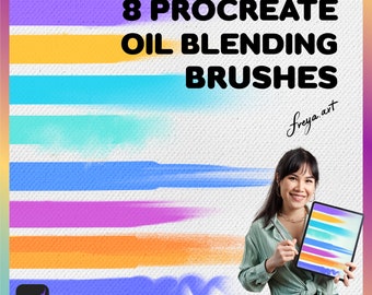 May include: 8 Procreate Oil Blending Brushes, a digital art product, shown on a tablet screen with a woman holding the tablet. The brushes are shown in a variety of colors, including blue, purple, pink, orange, and yellow. The text "8 Procreate Oil Blending Brushes" is displayed in black text on a white background. The text "Freya.art" is displayed in white text on a black background.