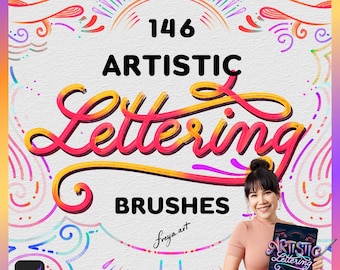 Procreate Brushes Lettering | 146 Artistic Lettering Brushes, Watercolor, Gouache, Oil, Marker, Best Calligraphy Brushes, Multicolor Brush