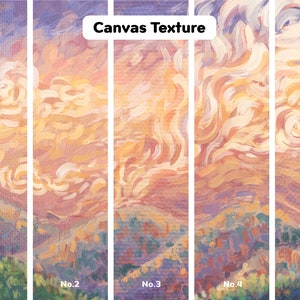 May include: Five different canvas textures with a painted landscape of a sunset over hills. The textures are labeled No. 1 through No. 5.