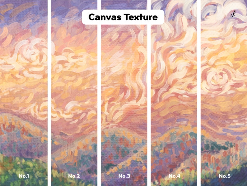 May include: Five different canvas textures with a painted landscape of a sunset over hills. The textures are labeled No. 1 through No. 5.