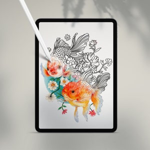 May include: A digital illustration of two goldfish swimming in a floral arrangement. The goldfish are orange and white with black outlines. The flowers are black and white with a few pink accents.