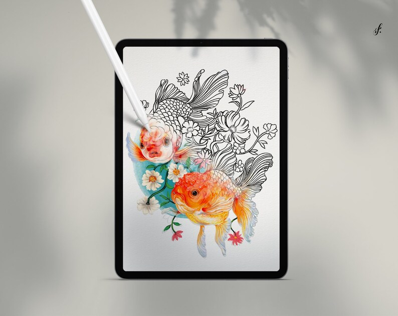 May include: A digital illustration of two goldfish swimming in a floral arrangement. The goldfish are orange and white with black outlines. The flowers are black and white with a few pink accents.