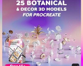 25 Botanische en decoratieve 3D-modellen Procreate met 65+ Procreate-tutorials inbegrepen, 3D-realistische mock-ups voor interieurontwerp