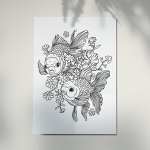 May include: Black and white line art illustration of two goldfish swimming among delicate flowers. The goldfish are drawn with intricate details, and the flowers are stylized with a whimsical touch.