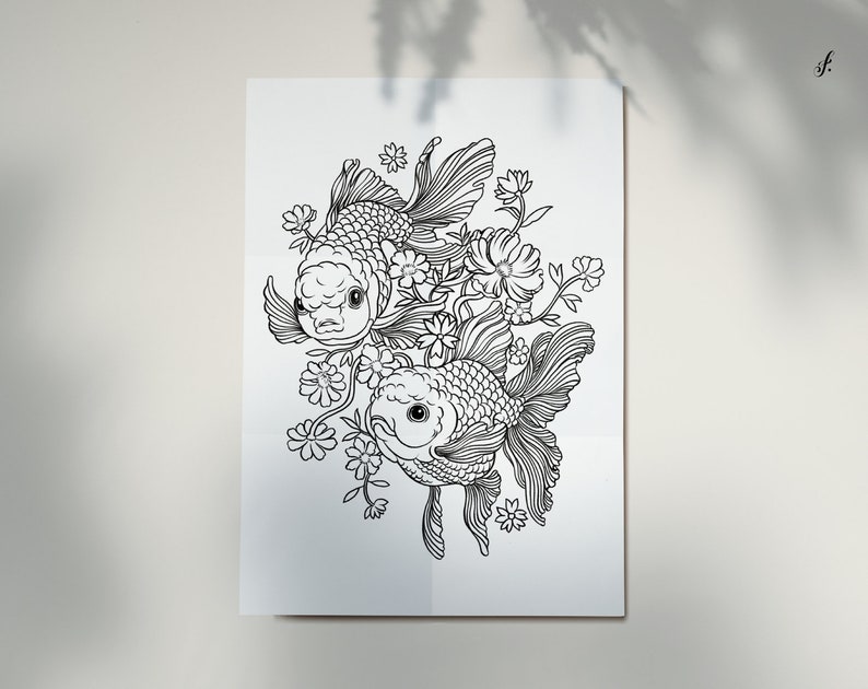 May include: Black and white line art illustration of two goldfish swimming among delicate flowers. The goldfish are drawn with intricate details, and the flowers are stylized with a whimsical touch.