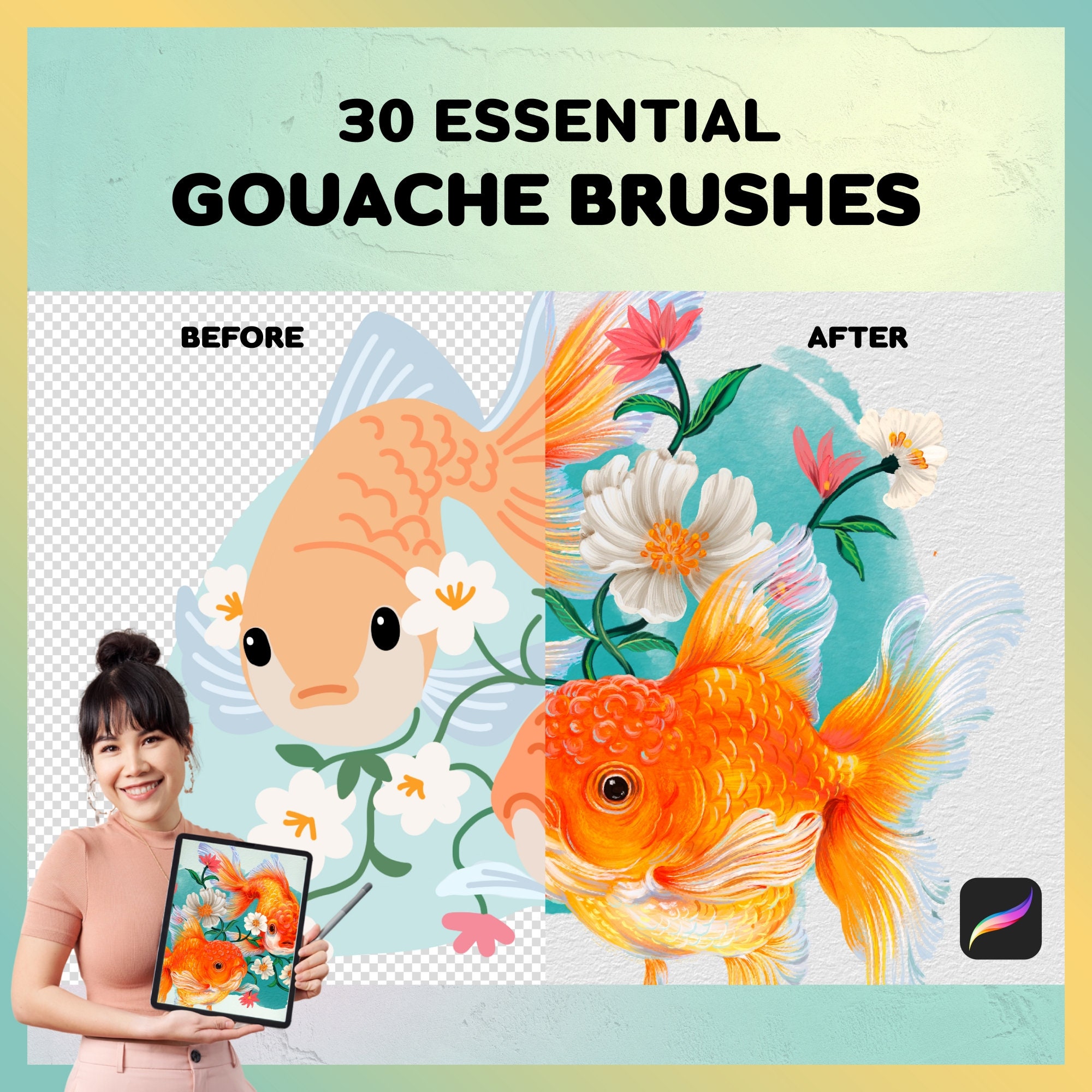 Pinceles de Gouache para Procreate | 30 pinceles de gouache realistas esenciales con blenders y textura de papel