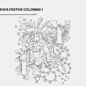 Puede incluir: P&aacute;gina para colorear en blanco y negro con l&iacute;neas de arte que representan las letras "HOLIDAY" con un ciervo, flores y estrellas. Las letras est&aacute;n estilizadas y decoradas con enredaderas y hojas.