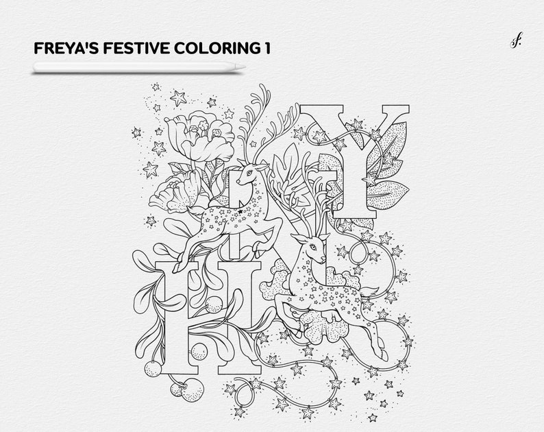 Puede incluir: P&aacute;gina para colorear en blanco y negro con l&iacute;neas de arte que representan las letras "HOLIDAY" con un ciervo, flores y estrellas. Las letras est&aacute;n estilizadas y decoradas con enredaderas y hojas.