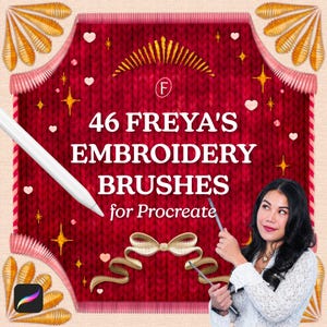 May include: A digital art graphic with the text "46 FREYA'S EMBROIDERY BRUSHES for Procreate" on a red background. The image includes a white stylus, a Procreate app icon, and decorative embroidery elements in gold and pink.