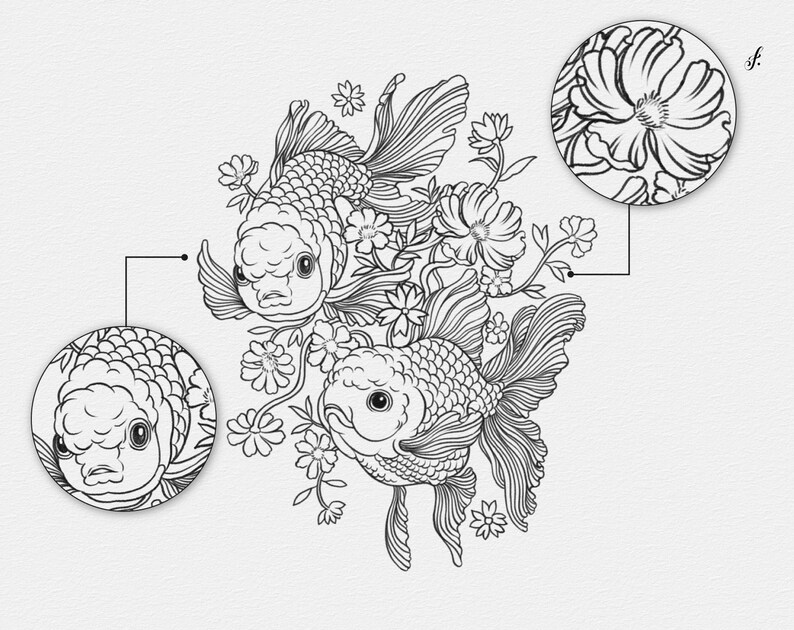 May include: A black and white line drawing of two goldfish swimming among delicate flowers. The goldfish are detailed with scales and fins, and the flowers are stylized with intricate petals.