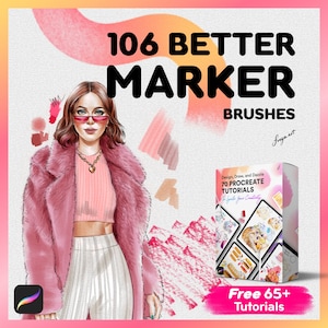 Könnte beinhalten: Eine digitale Illustration einer Frau, die einen rosa Mantel und eine weiße Hose trägt. Das Bild ist eine Produktwerbung für 106 Procreate-Markerpinsel und 70 Procreate-Tutorials. Der Text "Free 65+ Tutorials" ist ebenfalls auf dem Bild zu sehen.
