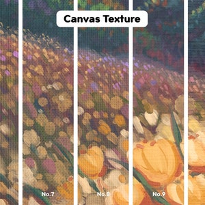 May include: Close-up of a painting with a canvas texture. The painting depicts a field of flowers in shades of purple, yellow, and green. The text "Canvas Texture" is visible at the top of the image.