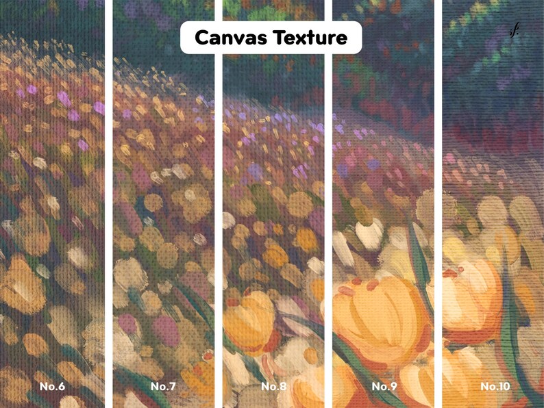 May include: Close-up of a painting with a canvas texture. The painting depicts a field of flowers in shades of purple, yellow, and green. The text "Canvas Texture" is visible at the top of the image.