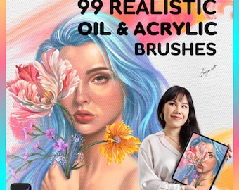 May include: A woman holds a tablet displaying a digital painting of a woman with blue hair and flowers. The text on the tablet reads "99 Realistic Oil & Acrylic Brushes".