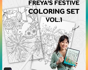 Procreate kerstkleurplaten, nieuwjaarskleurplatenset, Freya's feestelijke kleurset vol.1