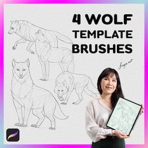 Procreate Wolf Stamp | 4 Template Procreate Brushes | Animal Stamp | Animal Drawing Guide | Pencil Drawing | Wolf Line art | Tattoo Design