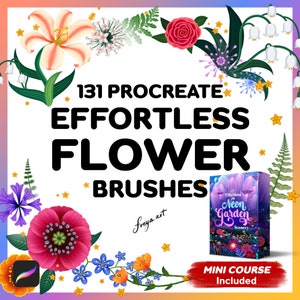 May include: 131 Procreate Effortless Flower Brushes with a mini course included. The image shows a colorful floral design with a box of brushes that says "Effortless Neon Garden Scenery".