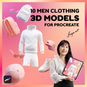 以下が含まれることがあります： 女性が、Procreate 用の男性用衣料 3D モデル 10 個を表示したタブレットを持っています。モデルには、白いパーカー、白いショートパンツ、白いバックパック、ピンクのバックパック、ピンクのベースボールキャップ、サングラスが含まれています。タブレットには、「10 MEN CLOTHING 3D MODELS FOR PROCREATE」と「freya.art」のテキストが表示されています。