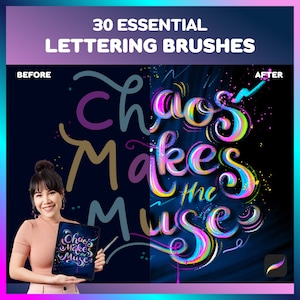 Procreate Brush Lettering | 30 Essentials Lettering Brushes, Watercolor, Oil, Gouache, Alcohol Marker, Procreate Calligraphy Brushes