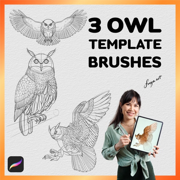 Procreate Owl Stamp | 3 Template Procreate Brushes | Procreate Stamp | Owl Drawing Guide | Pencil Drawing | Animal Line art | Tattoo Design