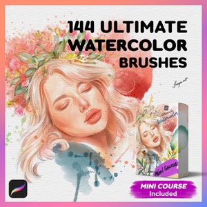 May include: A digital illustration of a woman with pink hair wearing a floral crown. The background is a watercolour wash of pink, blue, and green. The text "144 Ultimate Watercolor Brushes" is at the top of the image. The text "Mini Course Included" is at the bottom of the image.