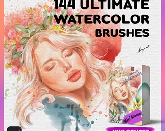 Procreate Watercolor Bundle, 144 Brushes For Procreate Watercolor with Mini-Procreate Tutorial Course Included