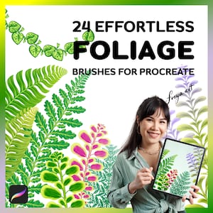May include: 24 Effortless Foliage Brushes for Procreate. A woman uses a digital stylus to draw foliage on a tablet. The tablet screen shows a green, pink, and purple foliage design. The text "freya.art" is in the upper right corner of the image.