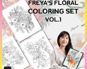 Procreate Cute Coloring Pages, Freya's Floral Coloring Set Vol. 1, Nature Coloring Pages