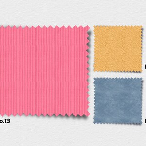 K&ouml;nnte beinhalten: Drei Stoffmuster, eines rosa, eines gelb und eines blau. Die Muster sind mit Nr. 13, Nr. 14 und Nr. 15 gekennzeichnet.