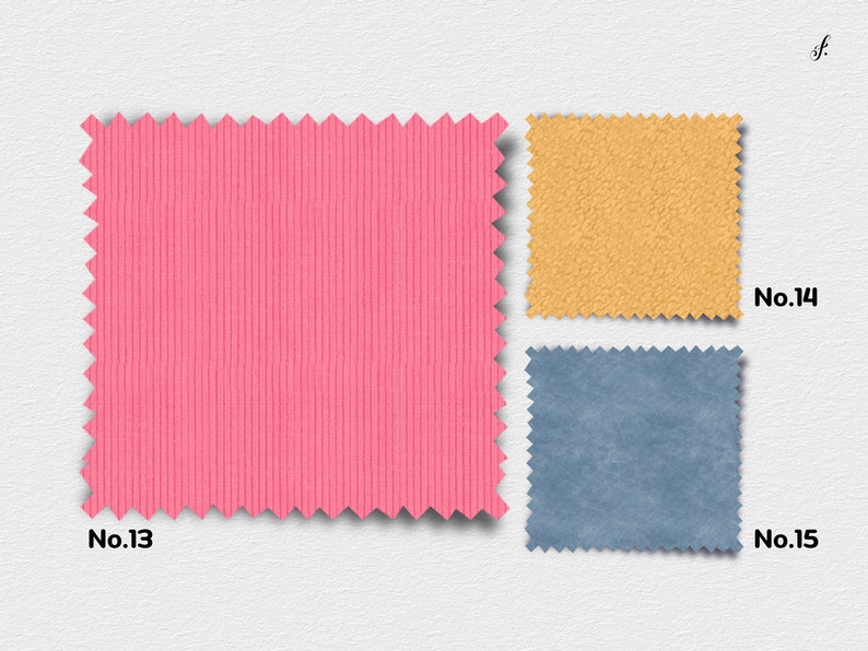 K&ouml;nnte beinhalten: Drei Stoffmuster, eines rosa, eines gelb und eines blau. Die Muster sind mit Nr. 13, Nr. 14 und Nr. 15 gekennzeichnet.