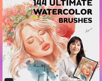 Op de afbeelding: Een vrouw houdt een digitale tablet vast waarop een aquarel schilderij te zien is van een vrouw met gesloten ogen die een bloemenkrans draagt. De tekst "144 ULTIMATE WATERCOLOR BRUSHES" staat boven de vrouw in het schilderij. De tekst "freya.art" staat in de rechterbovenhoek van de afbeelding.