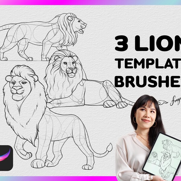 Procreate Lion Stamp | 3 Template Procreate Brushes | Procreate Stamp | Drawing Guide | Pencil Drawing | Animal Line art | Tattoo Design