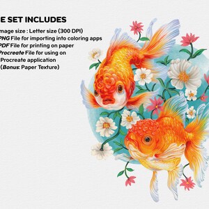 May include: Two orange goldfish swimming in a circle of white and pink flowers on a blue background. The text "THE SET INCLUDES" is at the top of the image. The text below the title lists the different file types included in the set: PNG, PDF, and Procreate.