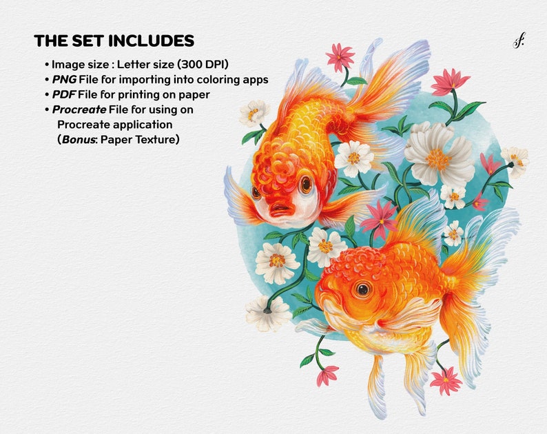 May include: Two orange goldfish swimming in a circle of white and pink flowers on a blue background. The text "THE SET INCLUDES" is at the top of the image. The text below the title lists the different file types included in the set: PNG, PDF, and Procreate.