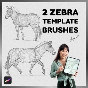 Puede incluir: Dos plantillas de cebra de arte lineal para arte digital. Las plantillas están dibujadas en tinta negra sobre un fondo blanco. El texto "2 Zebra Template Brushes" está escrito en negro en la parte superior de la imagen. El texto "freya art" está escrito en negro en la parte inferior derecha de la imagen.