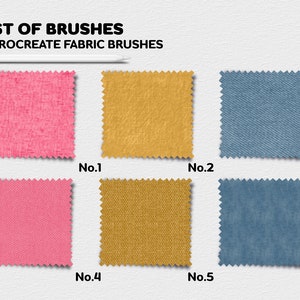 K&ouml;nnte beinhalten: Sechs Stoffmuster, jedes mit einer anderen Textur und Farbe. Die Muster sind mit den Nummern 1 bis 6 beschriftet. Der Text "LIST OF BRUSHES" und "15 PROCREATE FABRIC BRUSHES" befindet sich oben im Bild.