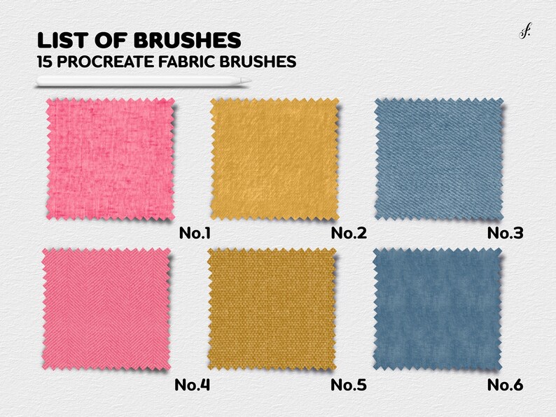 K&ouml;nnte beinhalten: Sechs Stoffmuster, jedes mit einer anderen Textur und Farbe. Die Muster sind mit den Nummern 1 bis 6 beschriftet. Der Text "LIST OF BRUSHES" und "15 PROCREATE FABRIC BRUSHES" befindet sich oben im Bild.