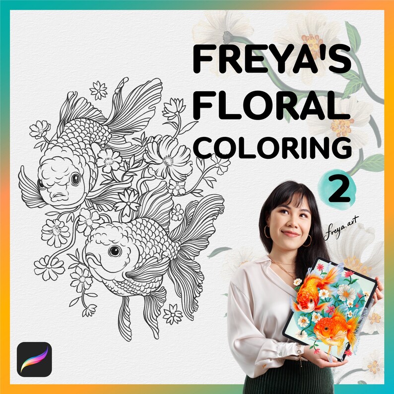 May include: Black and white line art illustration of two goldfish swimming among flowers. The illustration is titled "FREYA'S FLORAL COLORING 2" and features the artist's name "freya.art".
