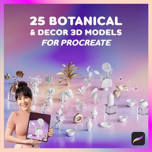 May include: A collection of 25 botanical and decor 3D models for Procreate. The models are white and gold and include flowers, plants, vases, and other decorative items. The models are displayed on a pink and purple gradient background.