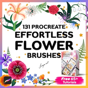 May include: A digital illustration of colorful flowers and stars surrounding the text "131 Procreate Effortless Flower Brushes". The text "Freya.art" is below the main text. A box with the text "Design, Draw, and Dazzle 70 Procreate Tutorials" is in the lower right corner of the image. Below the box is the text "Free 65+ Tutorials".